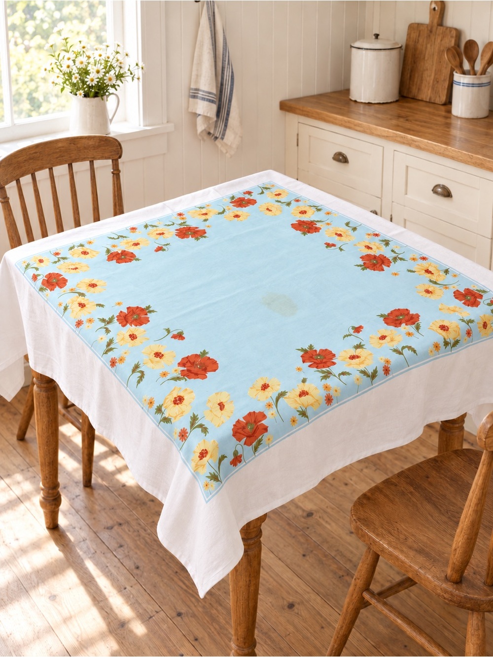 Vintage 48” Square Tablecloth Blue Orange Yellow Poppy Floral Cottage Retro